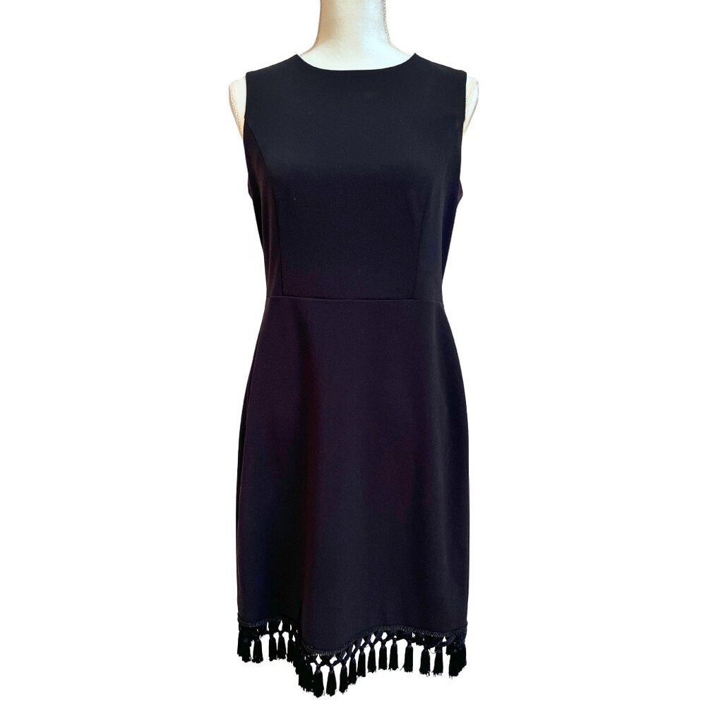 Calvin Klein Black Sheath Cocktail Dress – Women’s 10 | High-Neck Tassel-Hem